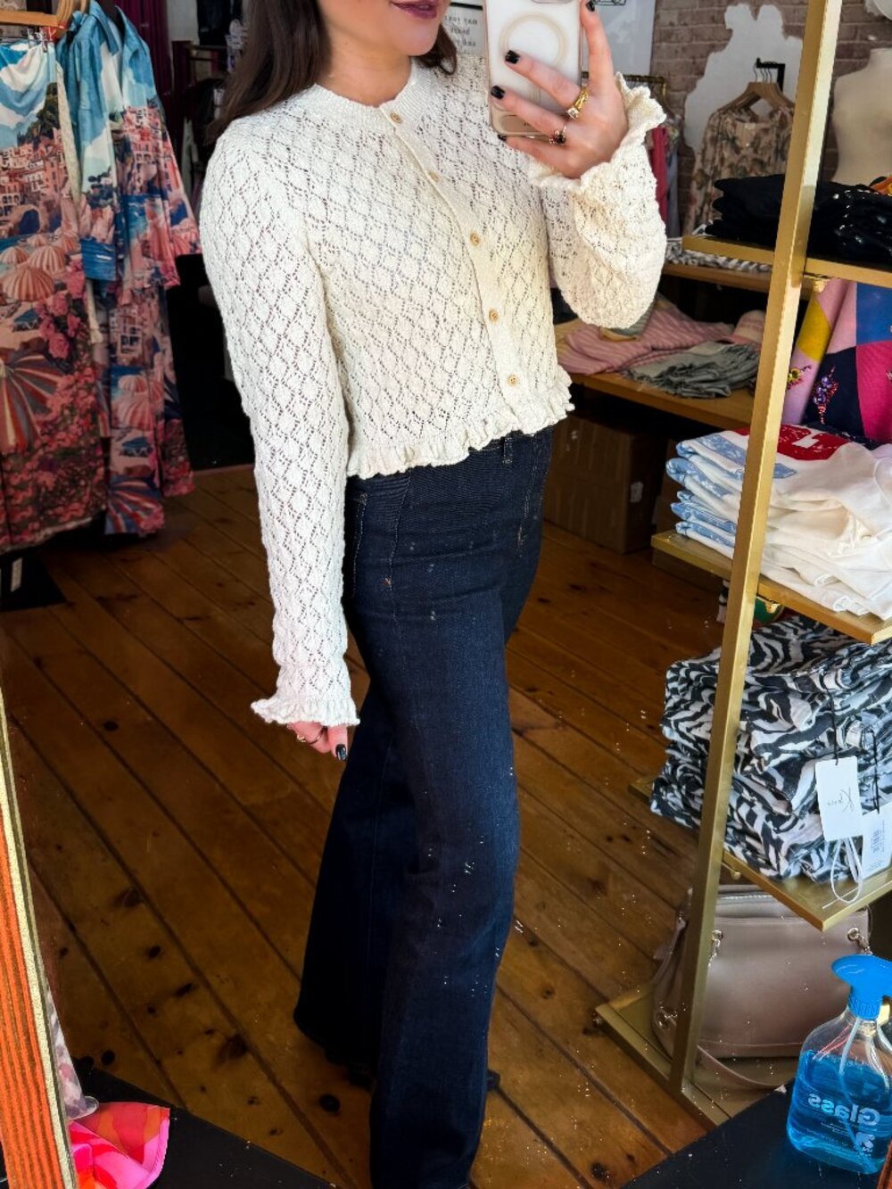 Eyelet Knit Ruffle Hem Cardigan - Picture 2 of 3